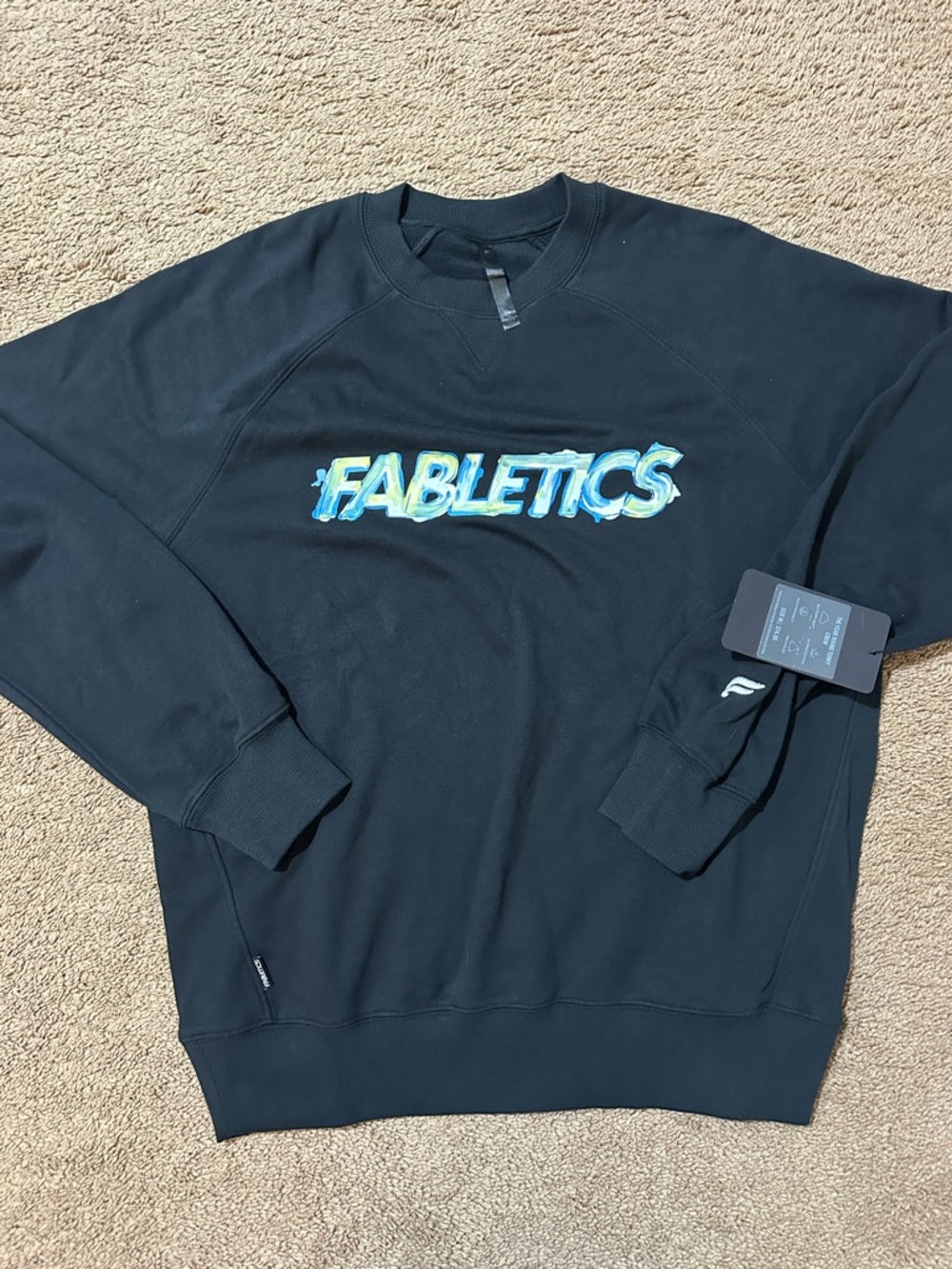 Fabletics Year Round Terry Crewneck Sweatshirt NWT Black Size Medium Mens Logo